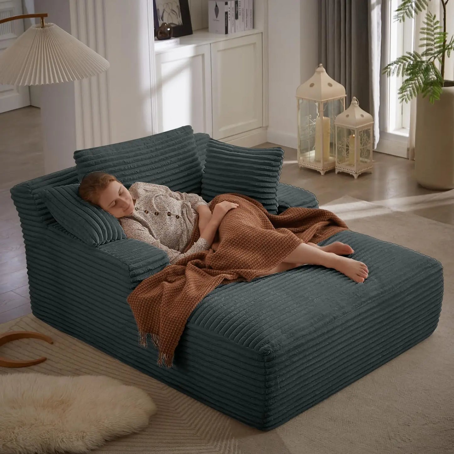 50 Inch Chaise Lounge Chair Indoor, Oversized Corduroy Upholstered Boneless Sofa Bed, Deep Seat Sleeper Couch Reading Chairs