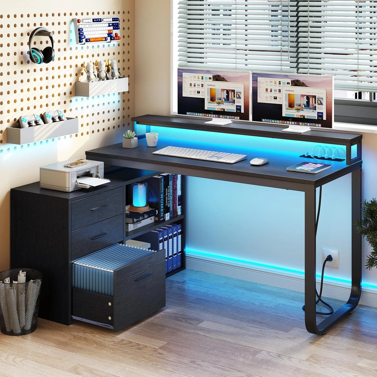 Hign-concerned L-Shaped Gaming Computer Desk With File Drawers