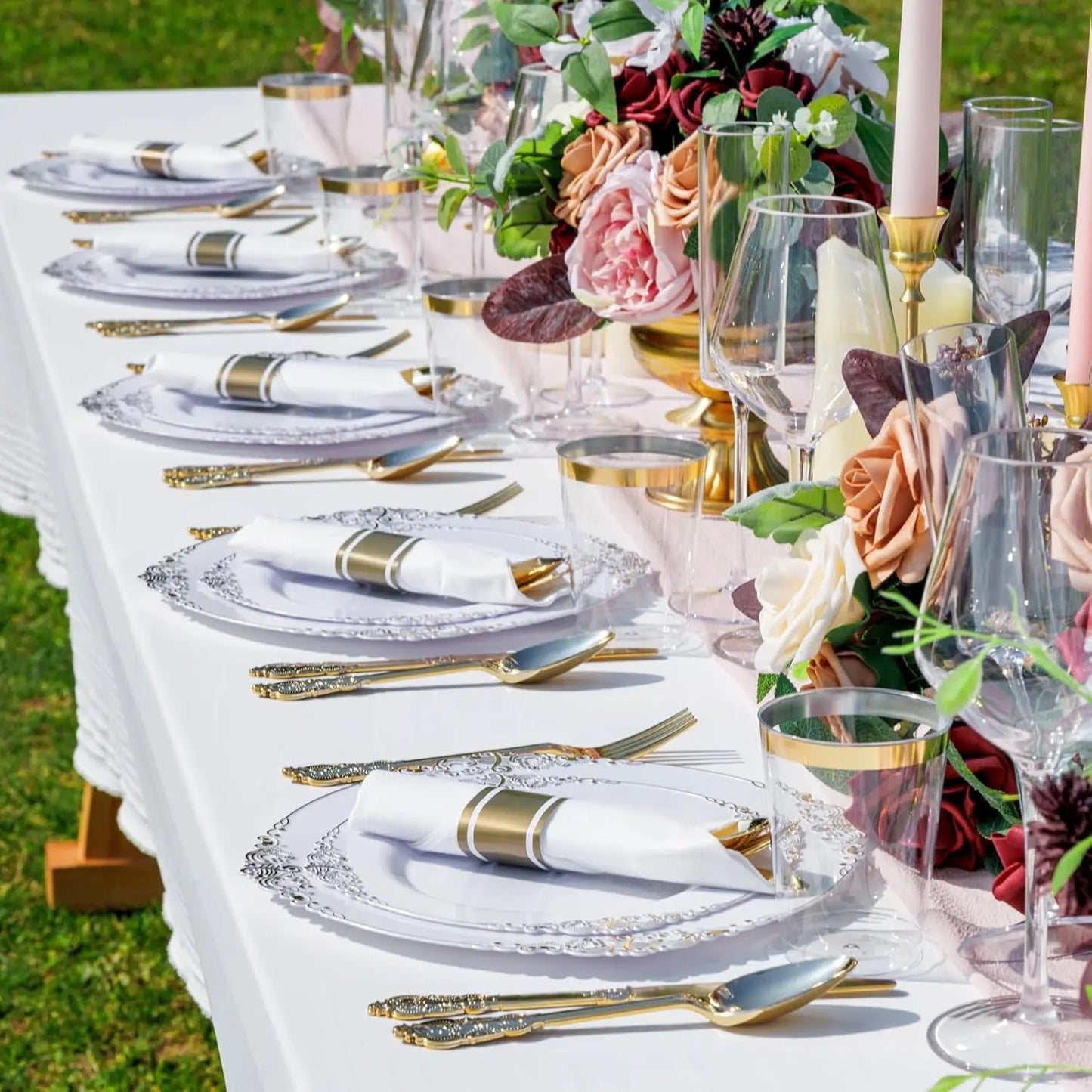 700PCS Gold Plastic Plates - Gold Plastic Dinnerware Sets for 100 Guests - 200 Disposable Plates, 300 Silverware, 100 Cups