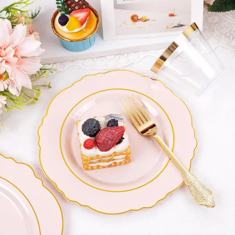 100Plates 350PCS Pink Plates Disposable Plastic Dinnerware include - Pink and Gold Plates 50guest Baroque