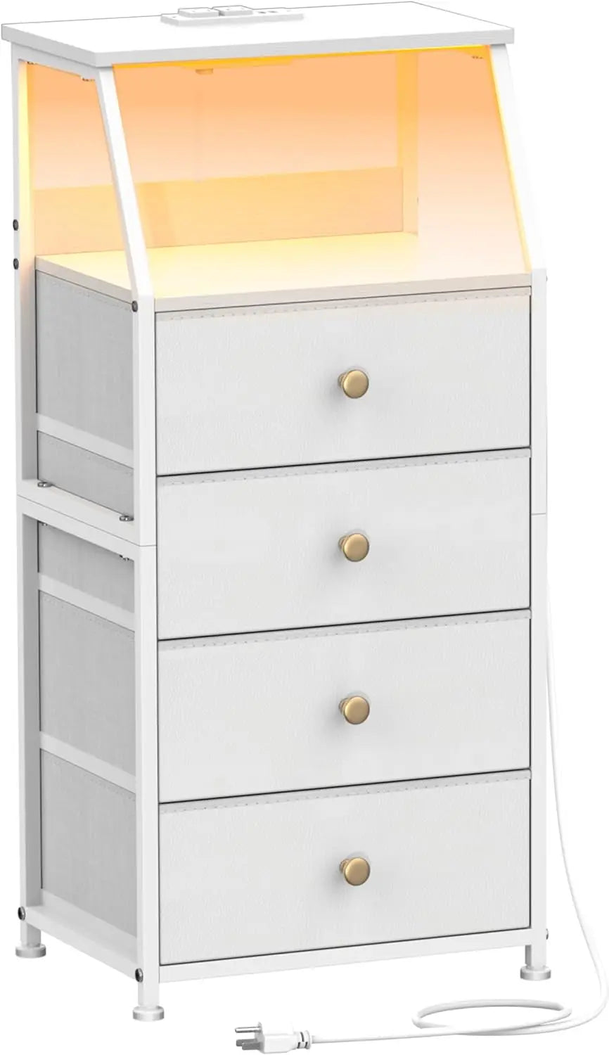 HUANHUI Nightstand Dresser With Fabric Drawers And 2 Tier Shelf