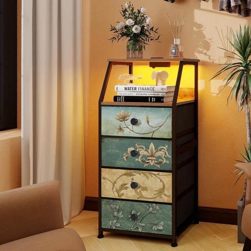 HUANHUI Nightstand Dresser With Fabric Drawers And 2 Tier Shelf