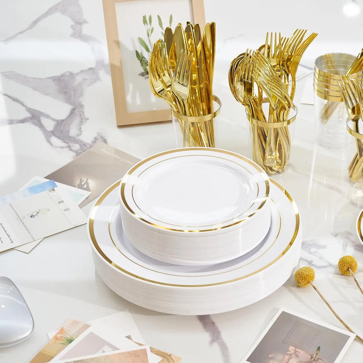 350 Pieces Gold Disposable Plates for 50 Guests, Disposable Plastic Plates for Party,Wedding, Dinnerware Set of 50 Dinner Plates