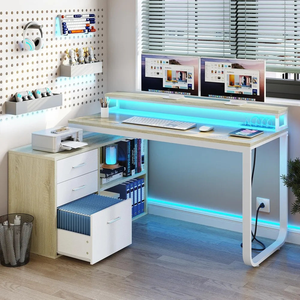 Hign-concerned L-Shaped Gaming Computer Desk With File Drawers