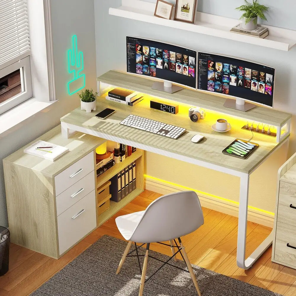 Hign-concerned L-Shaped Gaming Computer Desk With File Drawers