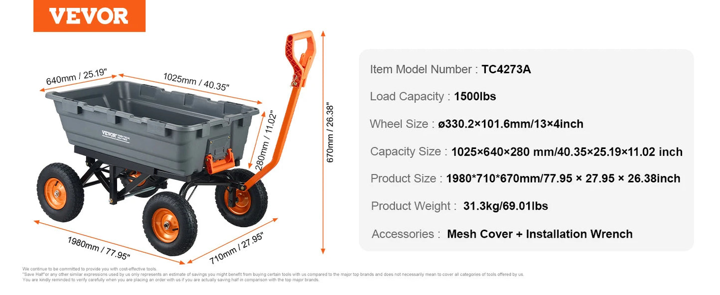 SucceBuy Dump Cart Poly Garden Dump Cart Easy to Assemble Steel Frame Dump Wagon with 2-in-1 Convertible Handle Safe Transport