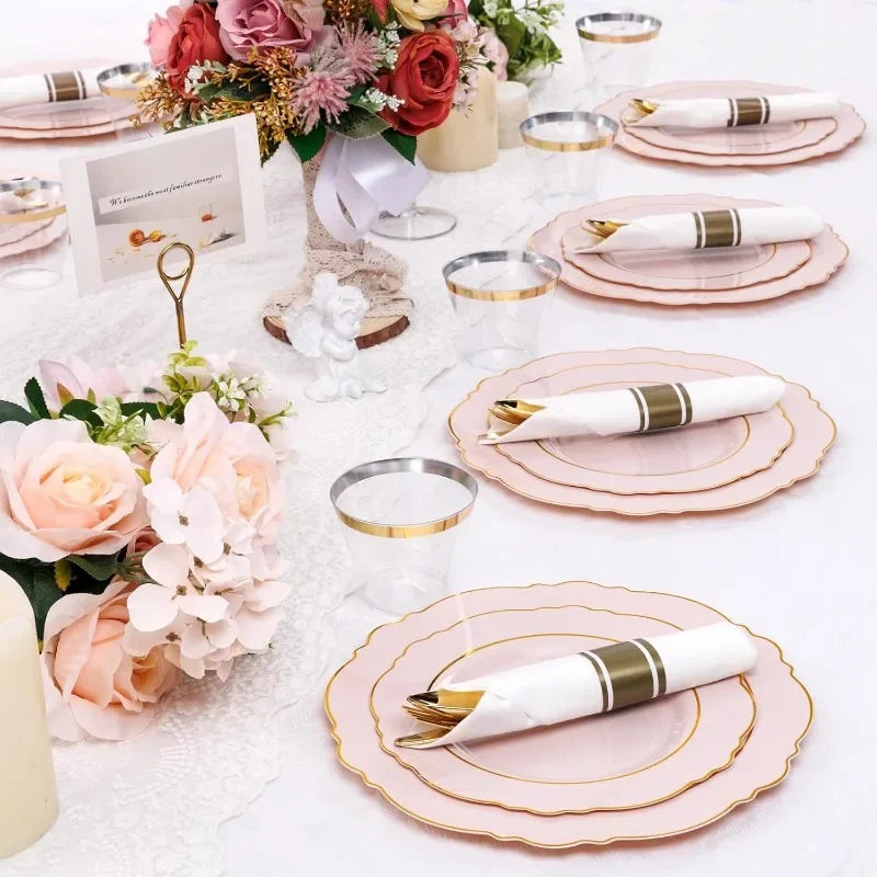 100Plates 350PCS Pink Plates Disposable Plastic Dinnerware include - Pink and Gold Plates 50guest Baroque