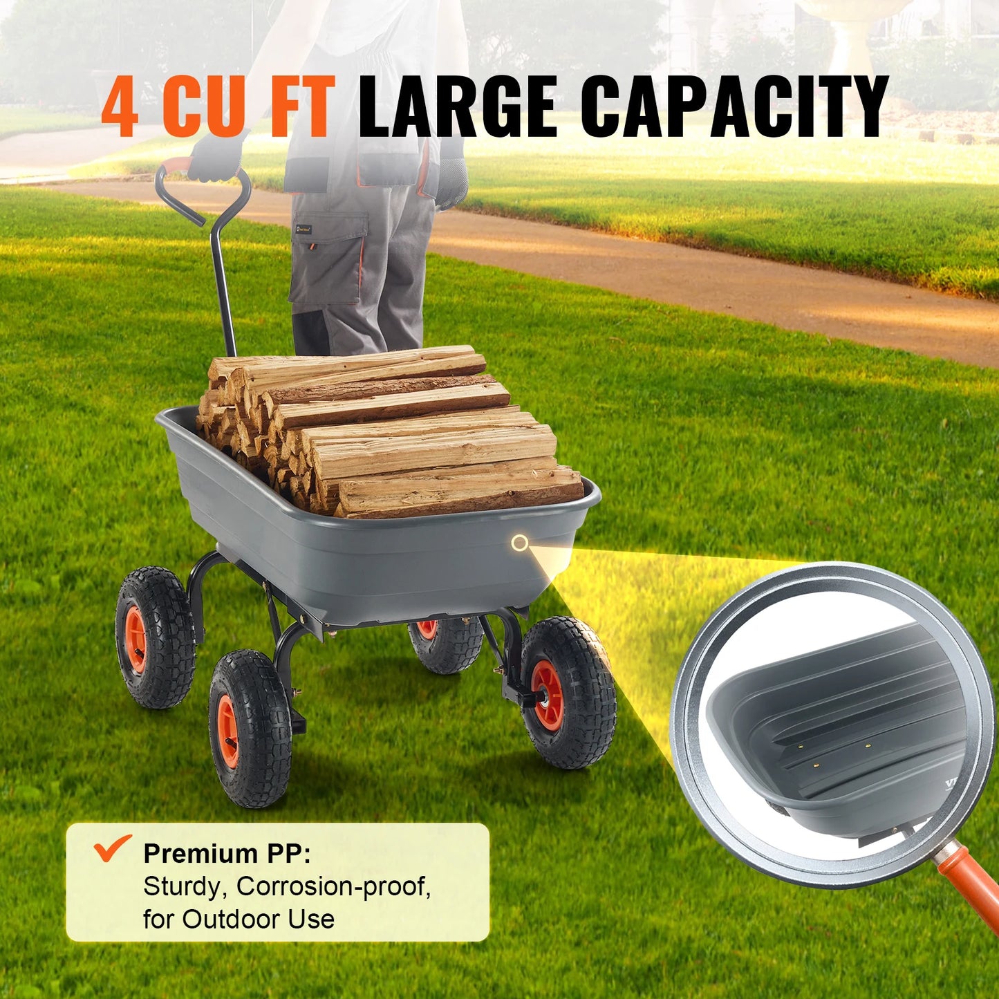 SucceBuy Dump Cart Poly Garden Dump Cart Easy to Assemble Steel Frame Dump Wagon with 2-in-1 Convertible Handle Safe Transport