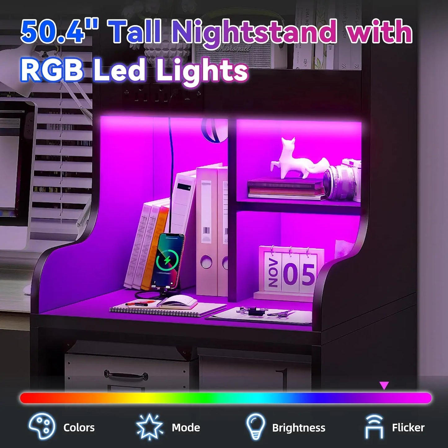 XMSJ Tall Nightstand With LED Lights And USB Charging