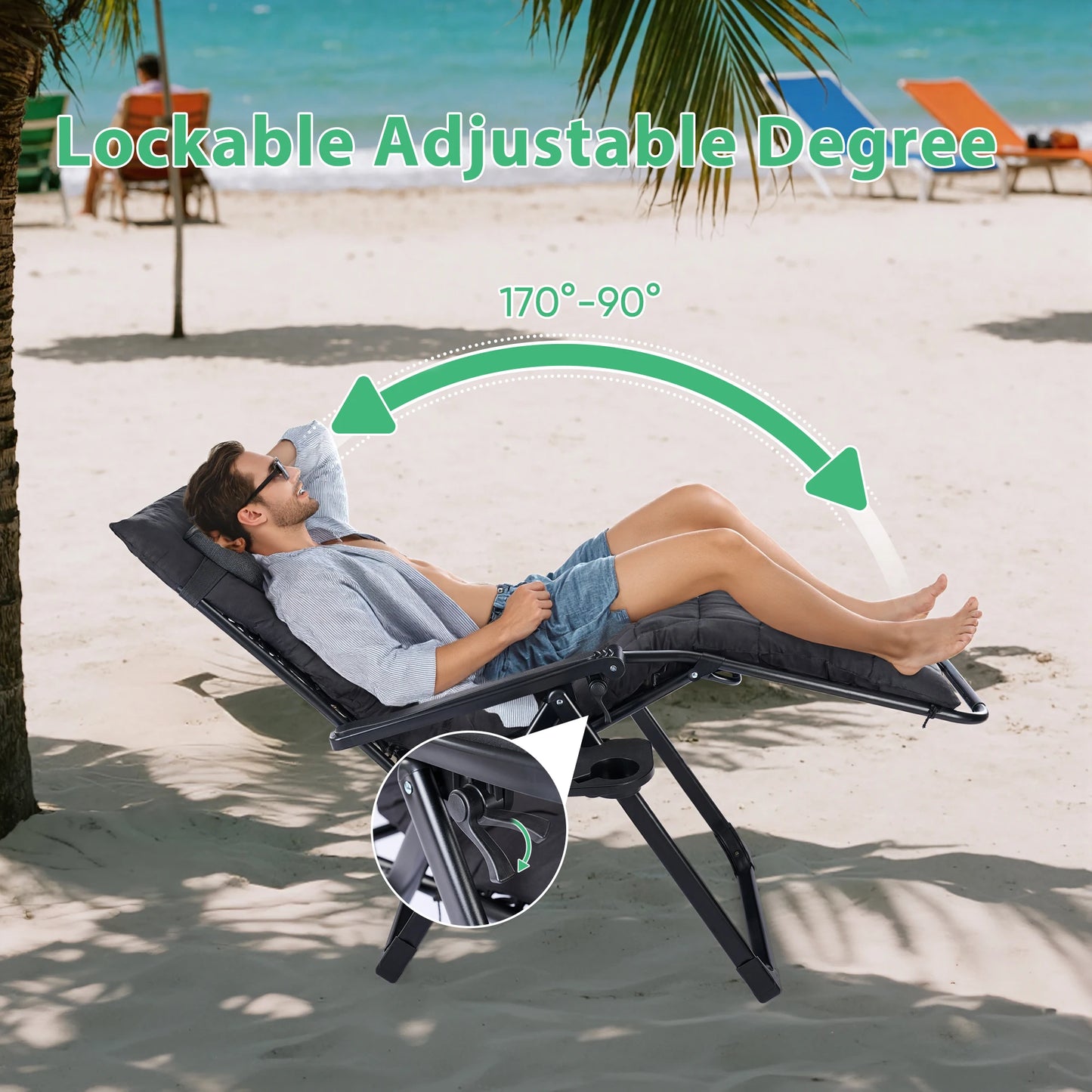JHK Zero Gravity Set of 2 Portable Recliner Camping Patio Outdoor Garden Lounge Chair with Cup Holder Trays Adjustable Pillow