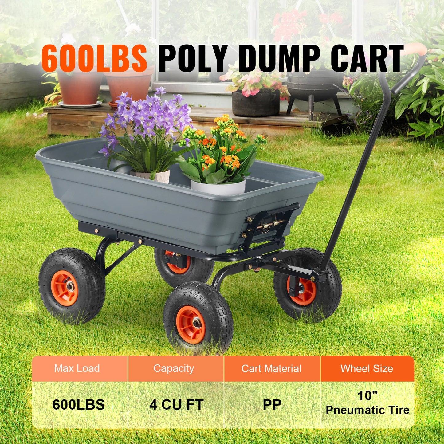 SucceBuy Dump Cart Poly Garden Dump Cart Easy to Assemble Steel Frame Dump Wagon with 2-in-1 Convertible Handle Safe Transport