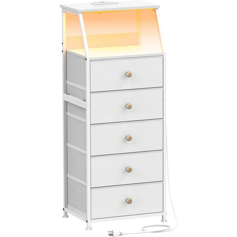 HUANHUI Nightstand Dresser With Fabric Drawers And 2 Tier Shelf