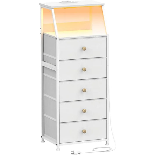 HUANHUI Nightstand Dresser With Fabric Drawers And 2 Tier Shelf