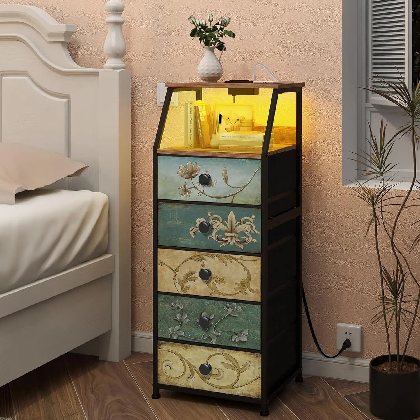 HUANHUI Nightstand Dresser With Fabric Drawers And 2 Tier Shelf
