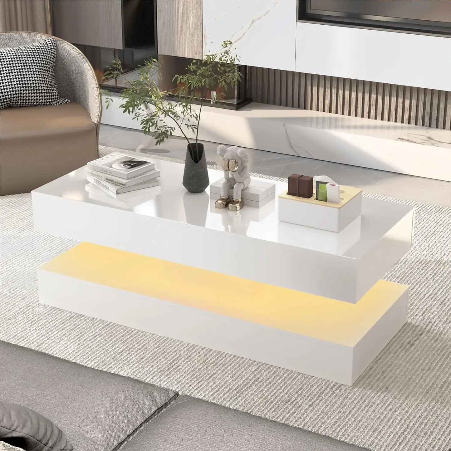 Modern Stylish Coffee Table with LED lights, Double-Layer Design for Living Room Coffee Table with 2 Storage Drawers