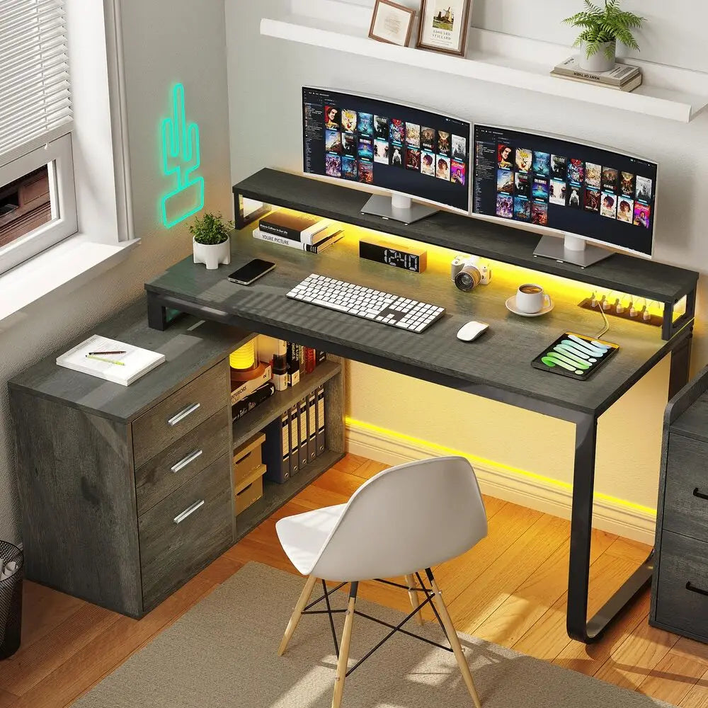 Hign-concerned L-Shaped Gaming Computer Desk With File Drawers