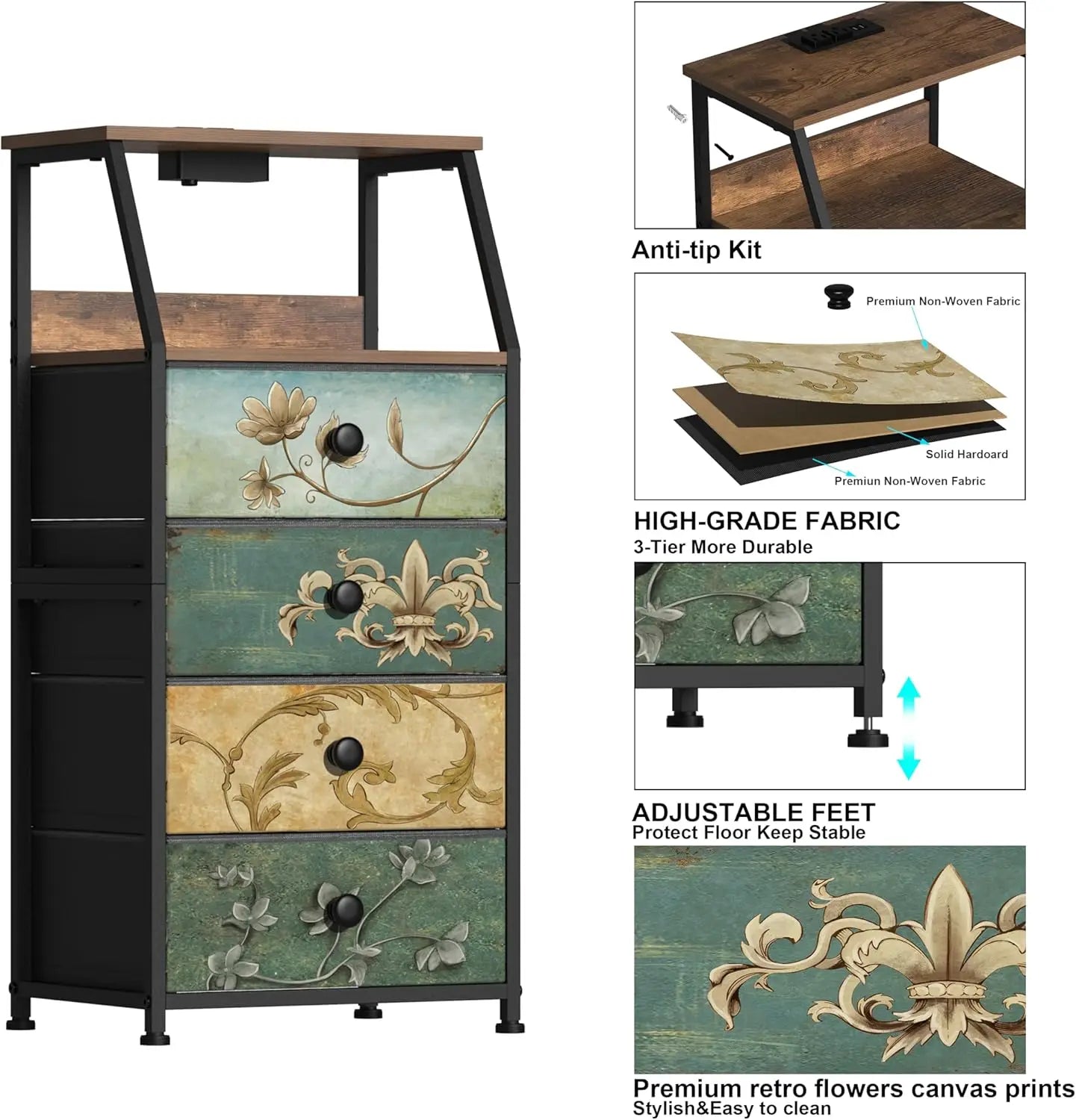 HUANHUI Nightstand Dresser With Fabric Drawers And 2 Tier Shelf