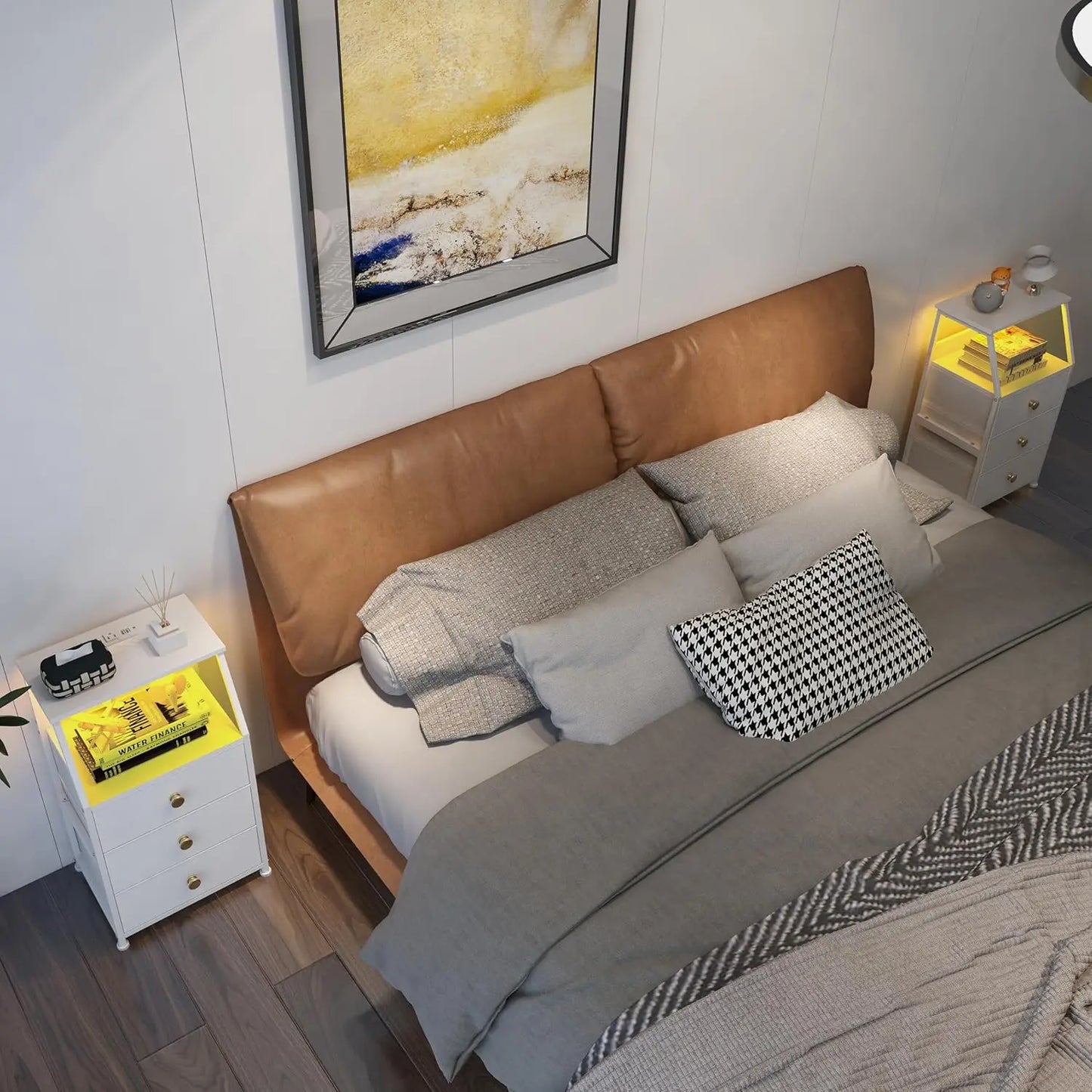 HUANHUI Nightstand Dresser With Fabric Drawers And 2 Tier Shelf