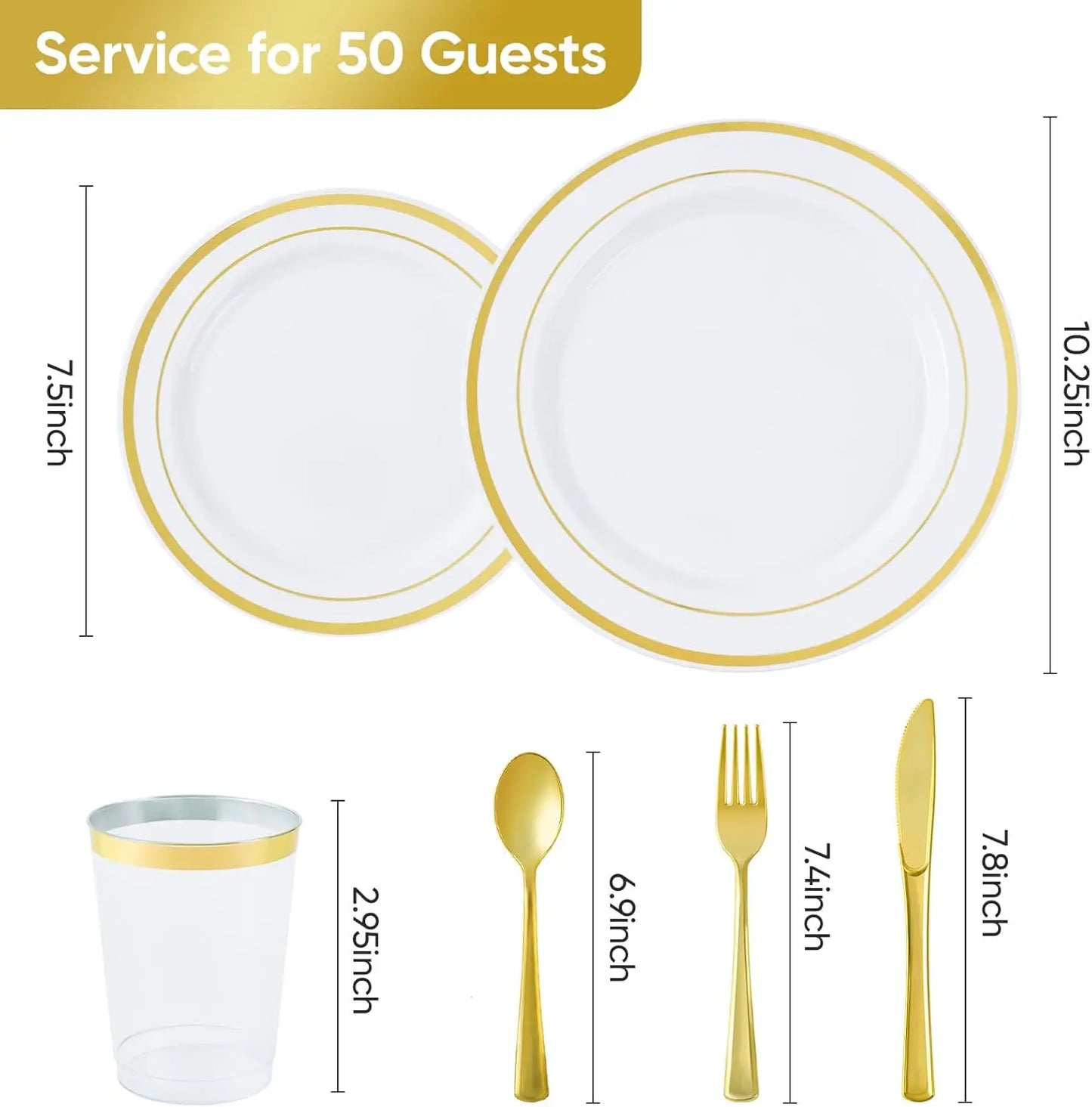 350 Pieces Gold Disposable Plates for 50 Guests, Disposable Plastic Plates for Party,Wedding, Dinnerware Set of 50 Dinner Plates