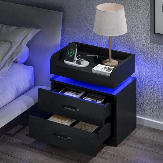 ANGDUO Nightstand With Charging Station And LED Lights