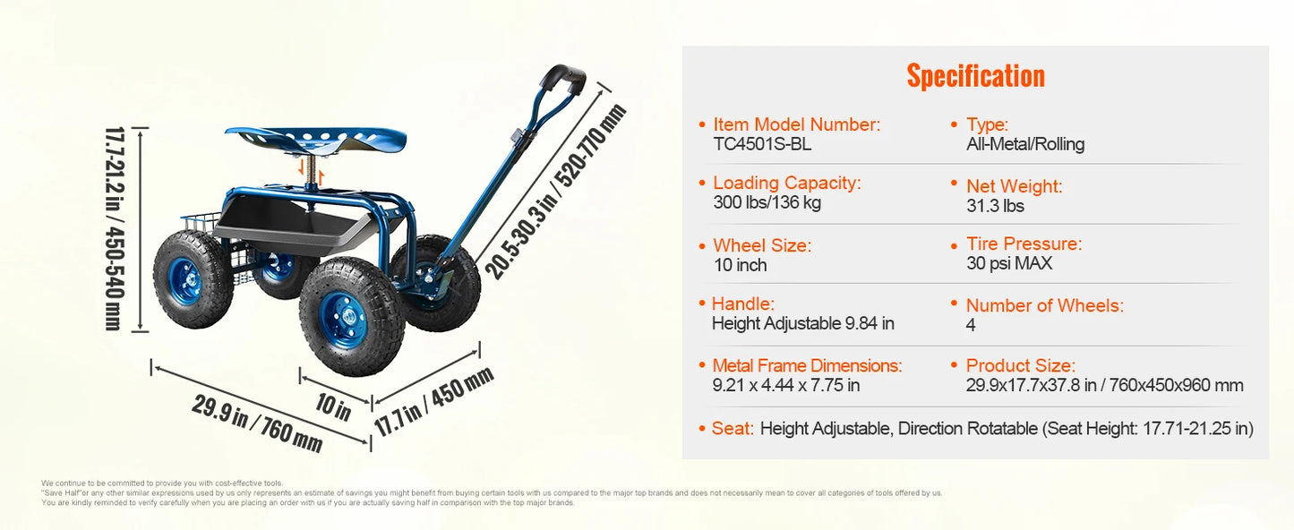 SucceBuy Garden Cart Rolling Workseat with Wheels Gardening Stool for Planting 360Degree Swivel Seat Wagon Scooter with Steering