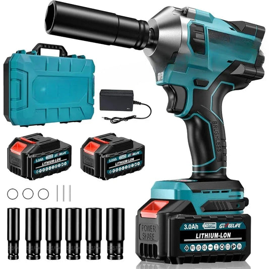 Popular.550N.m/400Ft-lbs Brushless Impact Wrench,1/2" Cordless Impact Gun w/ 2x3.0Ah Battery & 6 Sockets, 2450RPM Power