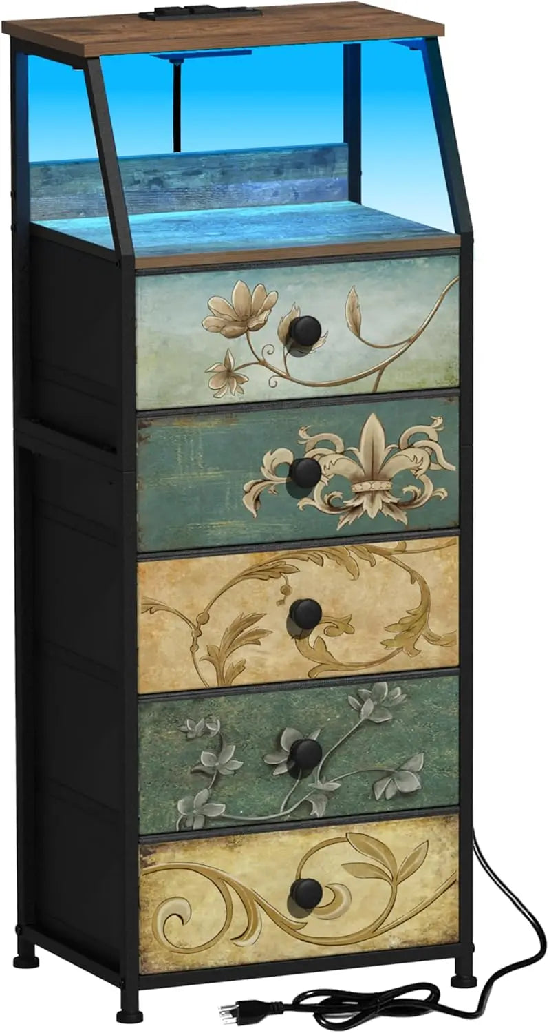 HUANHUI Nightstand Dresser With Fabric Drawers And 2 Tier Shelf