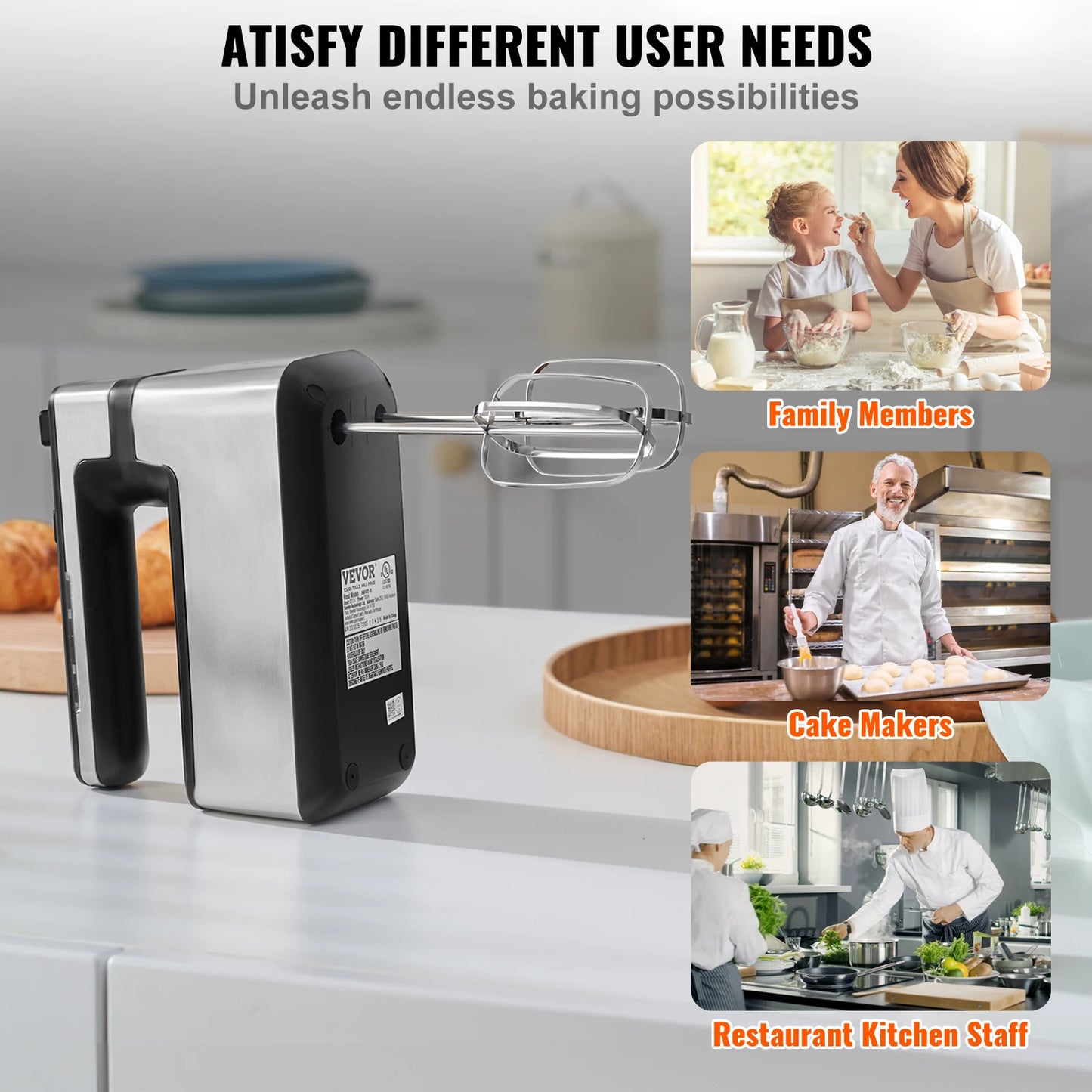 VEVOR Cordless Electric Hand Mixer HM1410 5 Gear 1100 RPM For Whipping Eggs And Batter