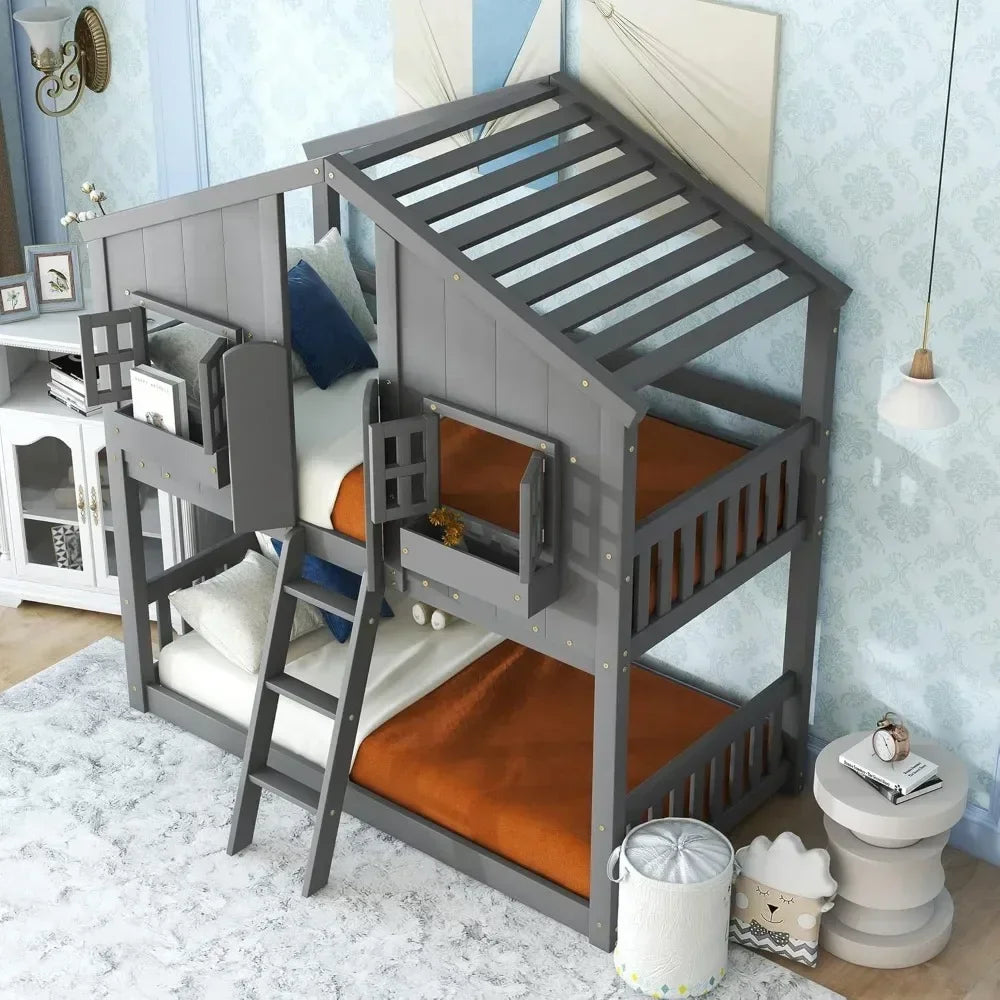 Hign-concerned Teak Wood Twin House Bunk Bed With Roof