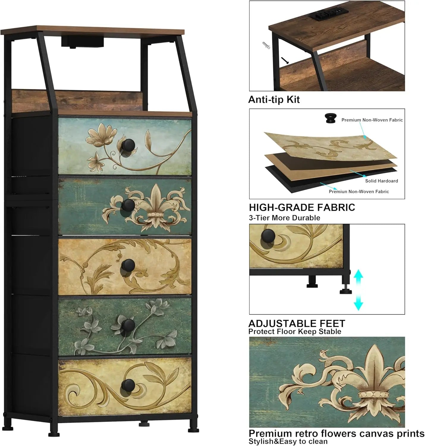 HUANHUI Nightstand Dresser With Fabric Drawers And 2 Tier Shelf