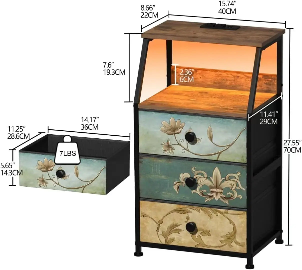 HUANHUI Nightstand Dresser With Fabric Drawers And 2 Tier Shelf