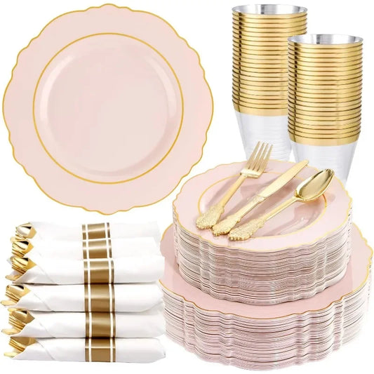 100Plates 350PCS Pink Plates Disposable Plastic Dinnerware include - Pink and Gold Plates 50guest Baroque