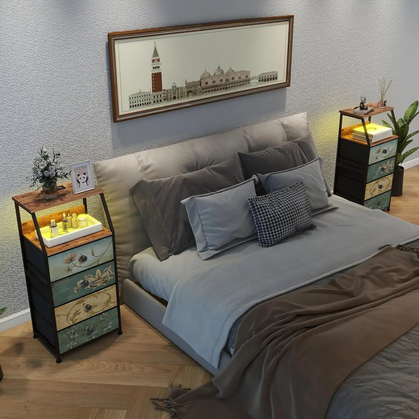 HUANHUI Nightstand Dresser With Fabric Drawers And 2 Tier Shelf