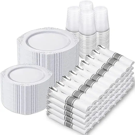 700PCS Gold Plastic Plates - Gold Plastic Dinnerware Sets for 100 Guests - 200 Disposable Plates, 300 Silverware, 100 Cups