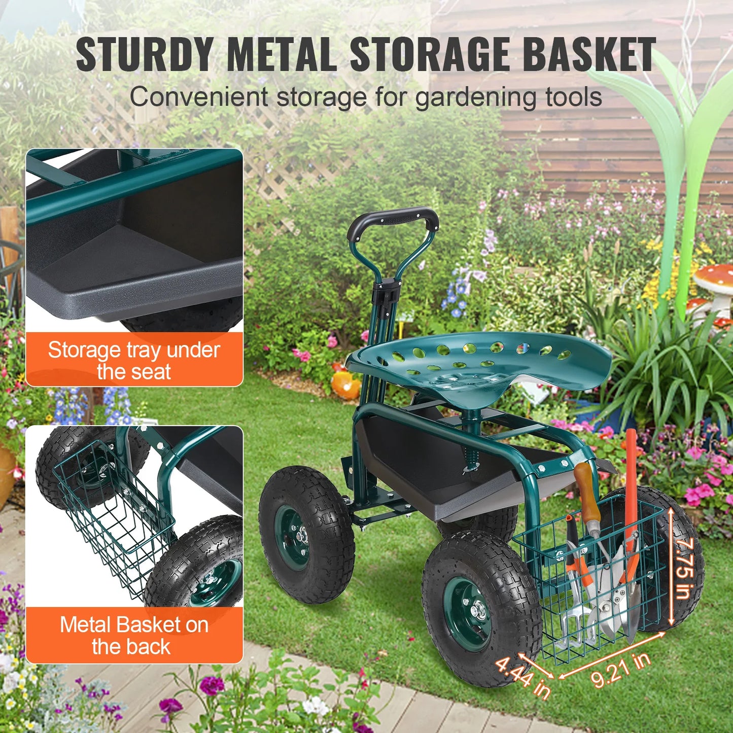 SucceBuy Garden Cart Rolling Workseat with Wheels Gardening Stool for Planting 360Degree Swivel Seat Wagon Scooter with Steering