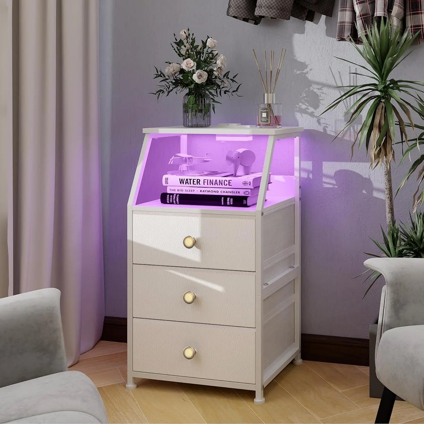 HUANHUI Nightstand Dresser With Fabric Drawers And 2 Tier Shelf