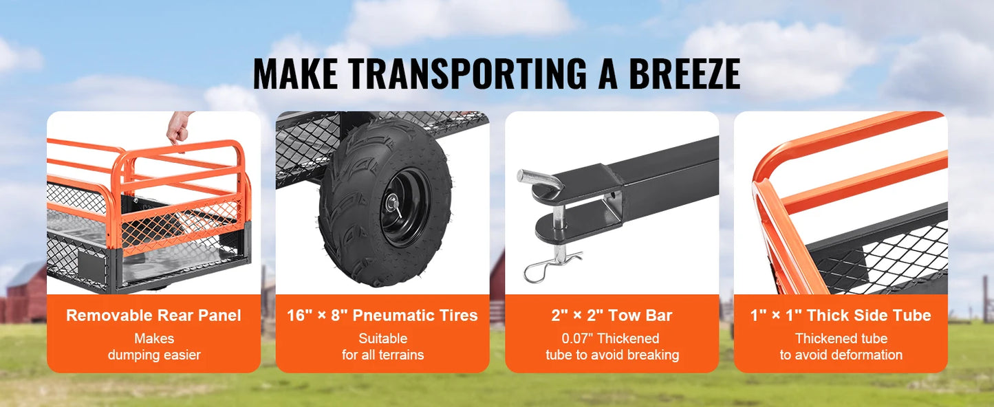 SucceBuy Heavy Duty Steel ATV Dump Trailer Tow Behind Dump Cart Garden Trailer with Removable Sides and Tires for Mowers Tractor