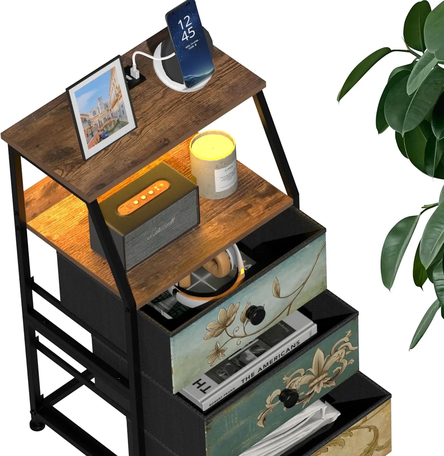 HUANHUI Nightstand Dresser With Fabric Drawers And 2 Tier Shelf