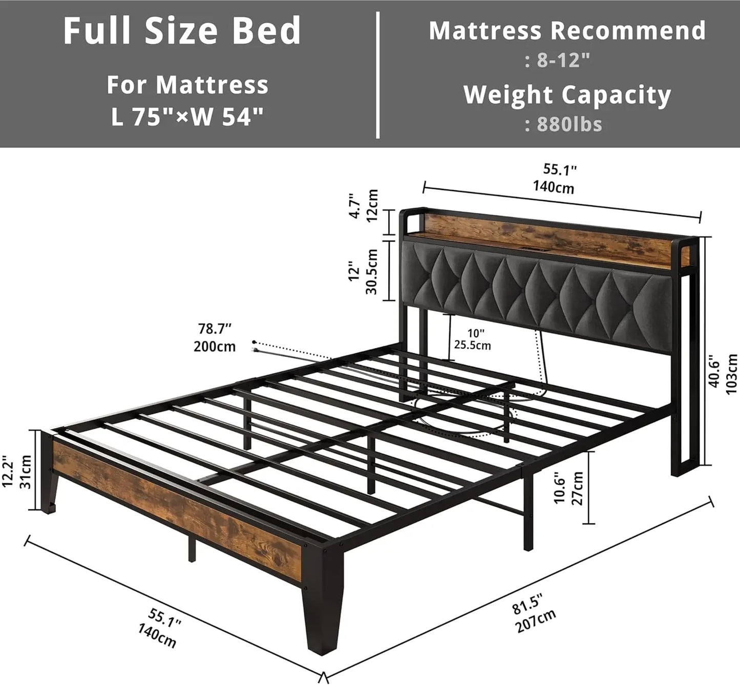 ANCTOR Twin/TwinXL/Full/Queen/King/CaliforniaKing Bed Frames, Storage Headboard with Outlets, No Noise, No Box Springs Needed