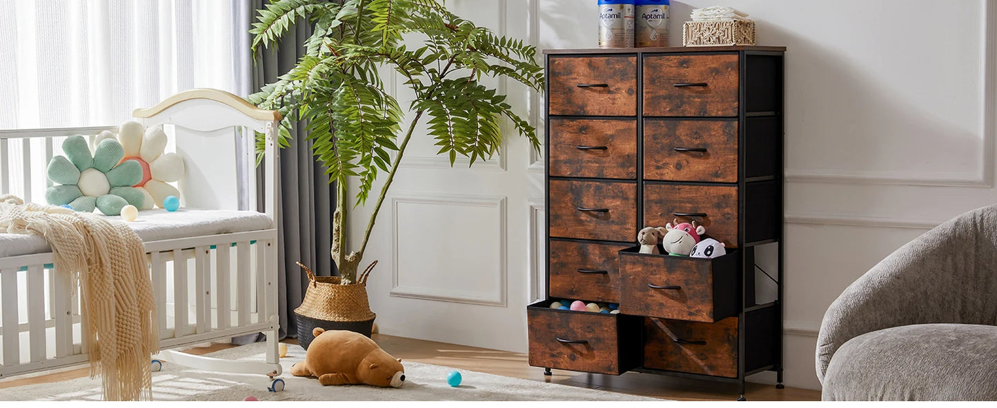 JHK Bedside Table With 10 Fabric Drawers Steel Frame Cabinet