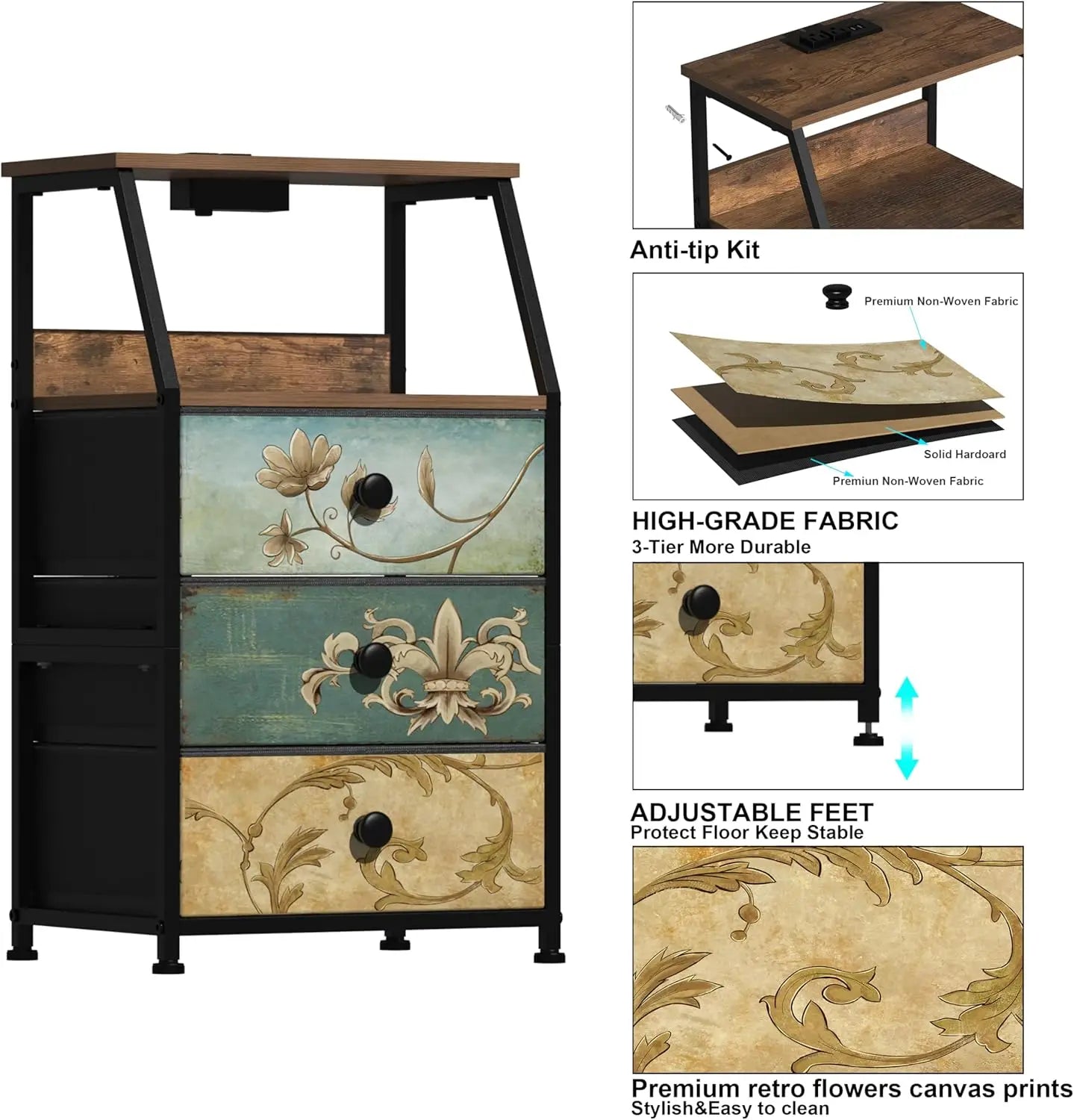 HUANHUI Nightstand Dresser With Fabric Drawers And 2 Tier Shelf