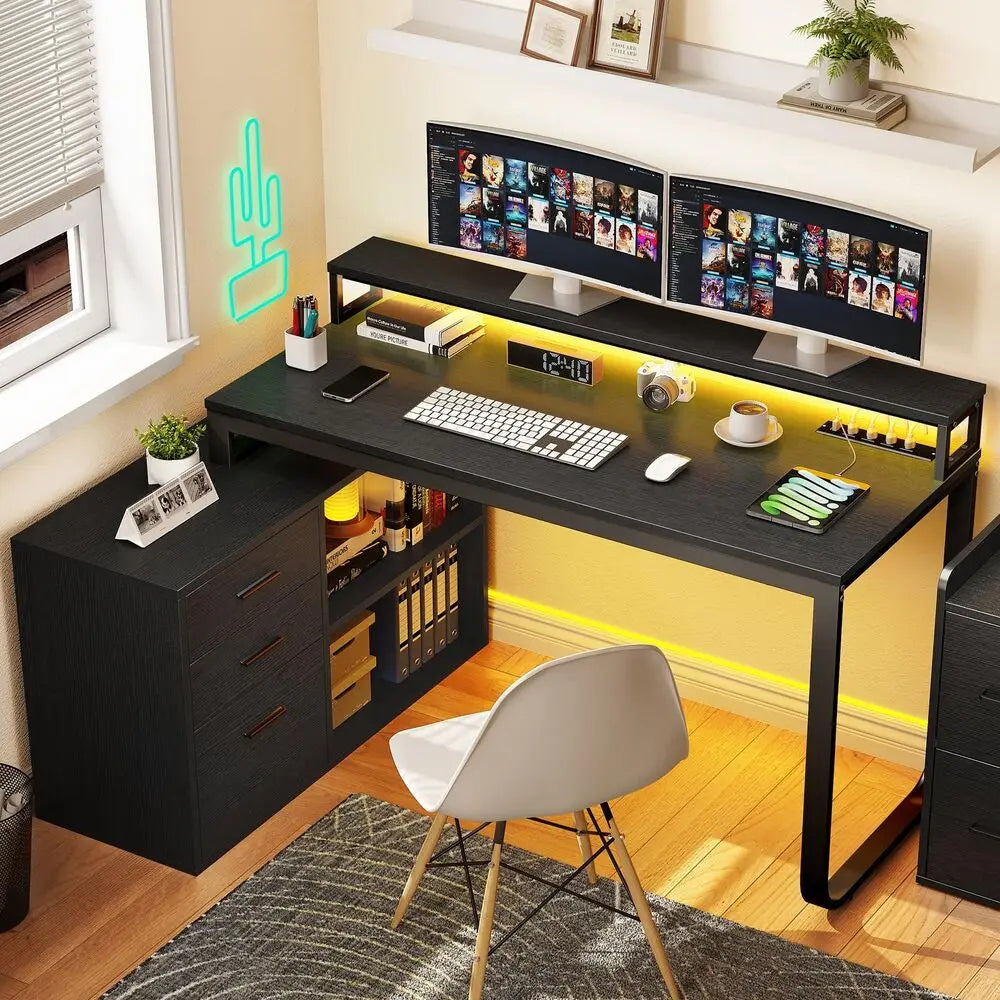 Hign-concerned L-Shaped Gaming Computer Desk With File Drawers