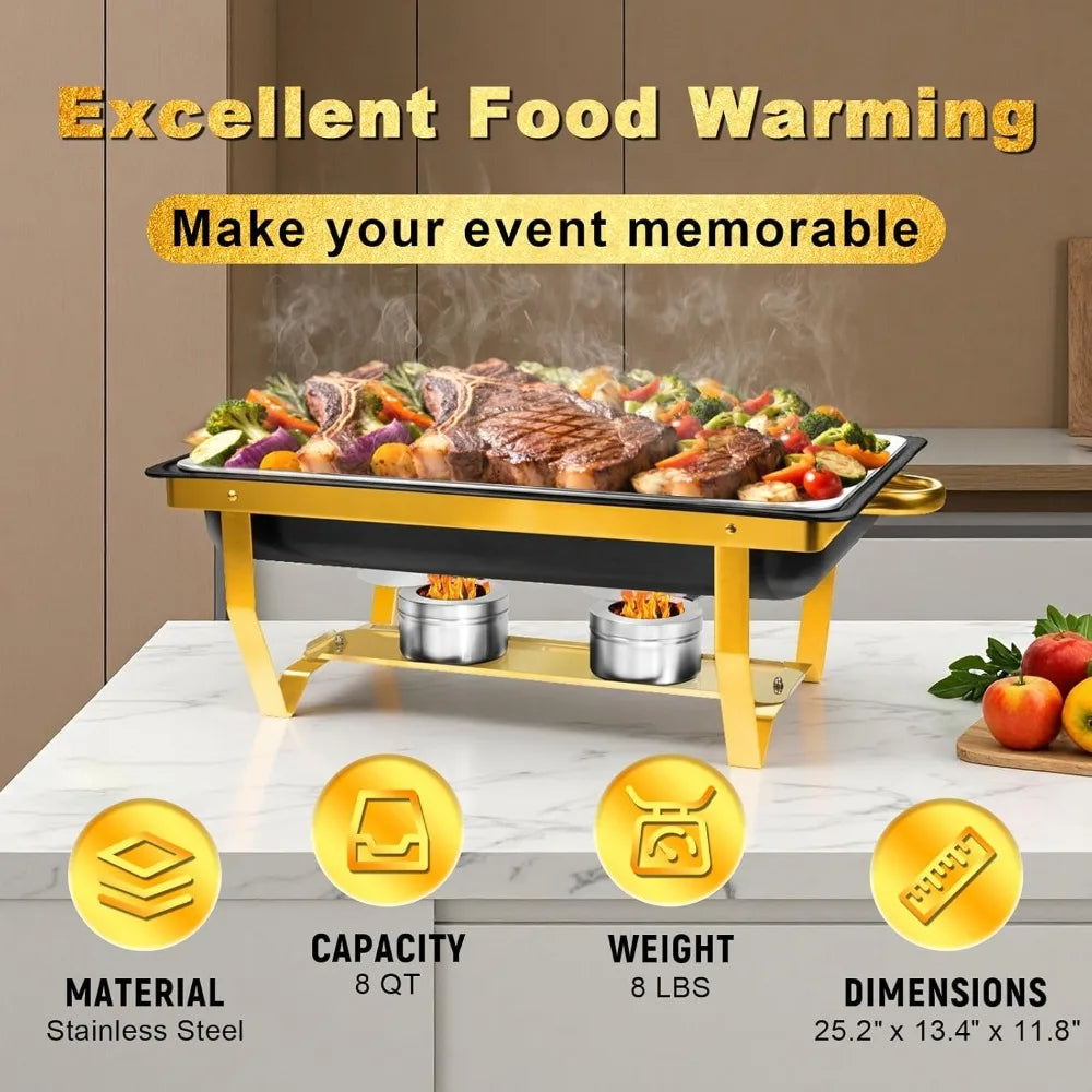 NKTOLEE Chafing Dishes for Buffet 4 Pack, [Matte Black and Gold] Chafing Dish Buffet Set, 8QT [Scratch Resistant Finish] Food Wa