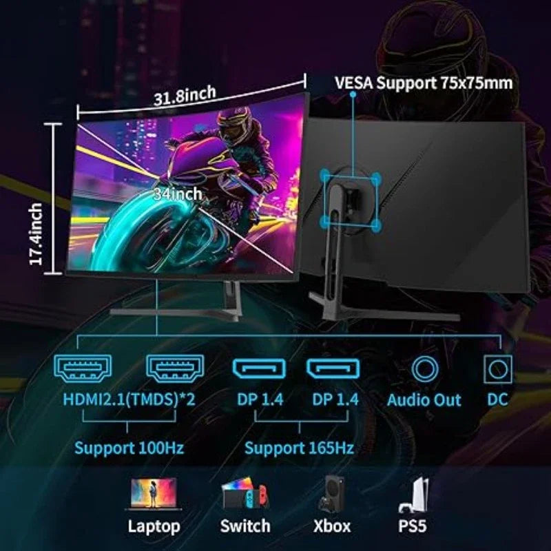 NEW 34-Inch Curved Gaming Monitor UWQHD 3440 x 1440 165Hz Curved 1500R - PIP/PBP, 1ms(MPRT), HDR, 300nits, sRGB 125%