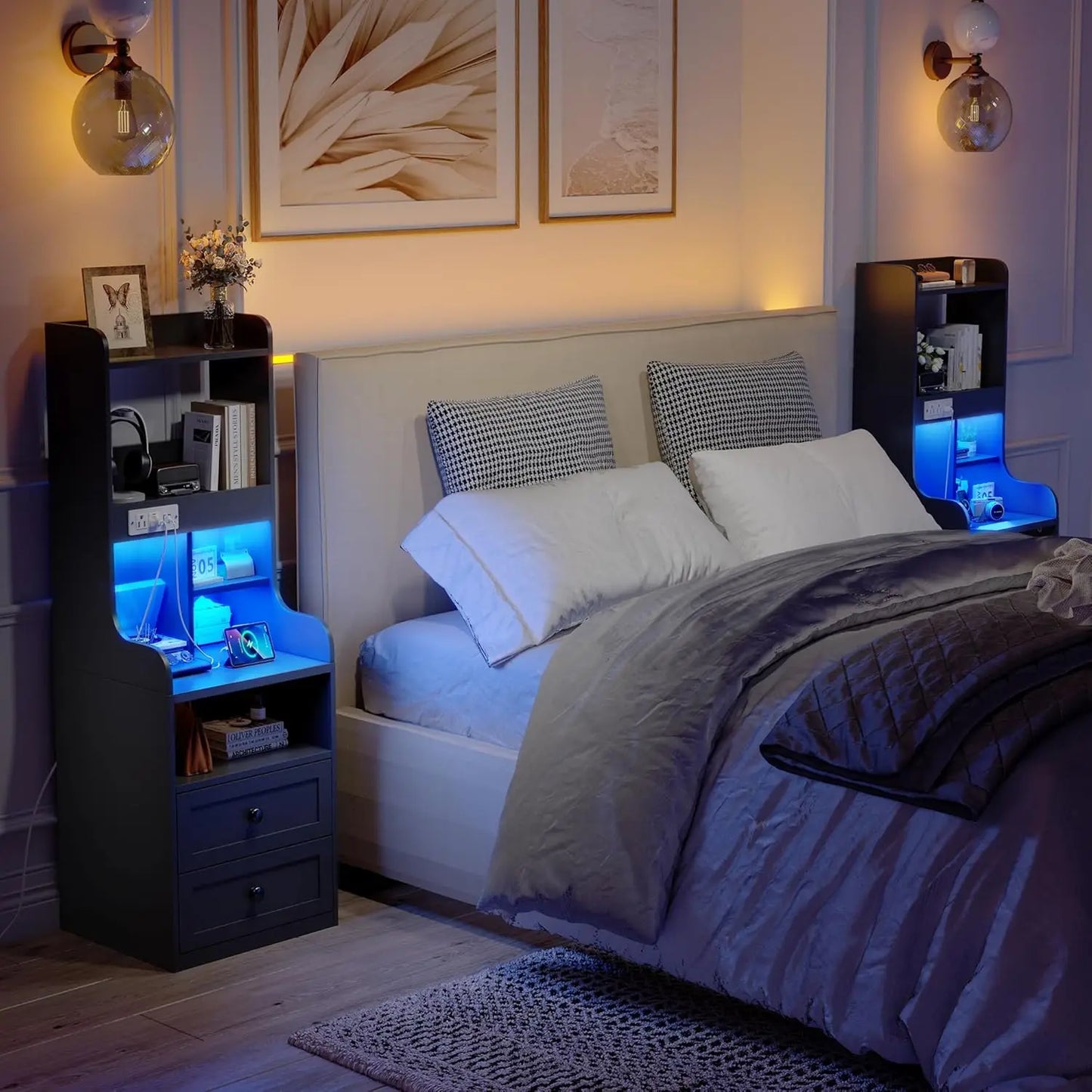 XMSJ Tall Nightstand With LED Lights And USB Charging