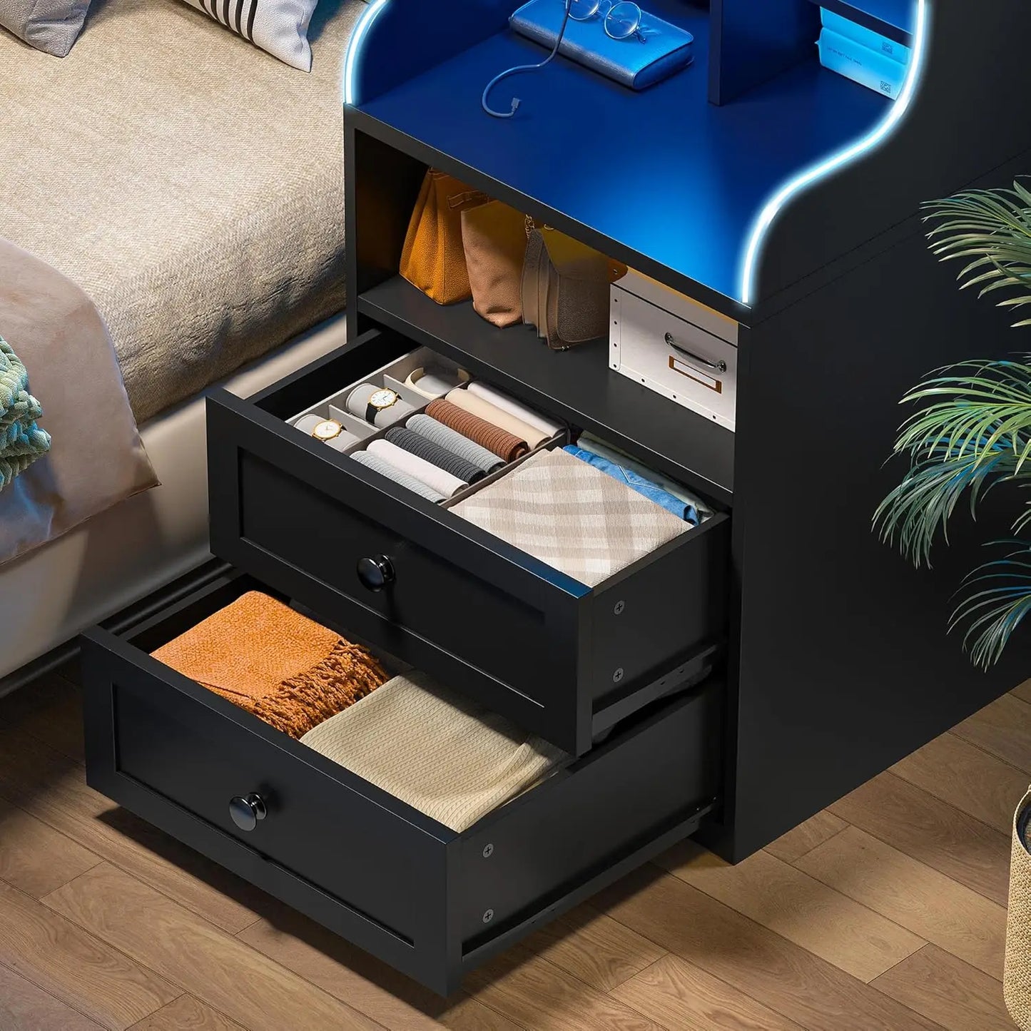 XMSJ Tall Nightstand With LED Lights And USB Charging