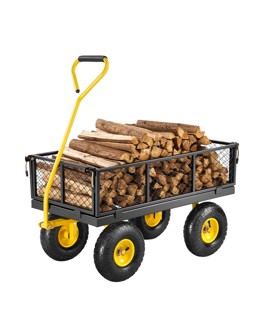 SucceBuy Steel Garden Cart Pullable on Wheels Metal Yard Wagon Cart W/ All TerrainTires Mesh Removable Sides and Rotating Handle