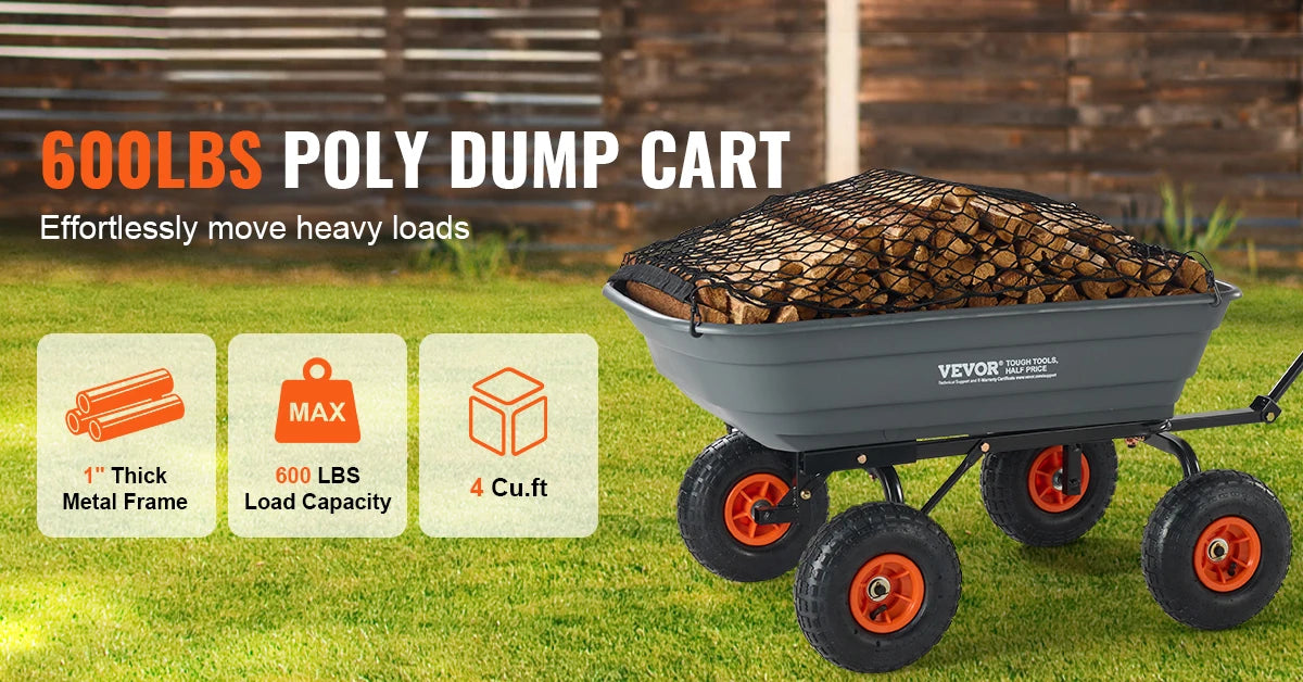 SucceBuy Dump Cart Poly Garden Dump Cart Easy to Assemble Steel Frame Dump Wagon with 2-in-1 Convertible Handle Safe Transport