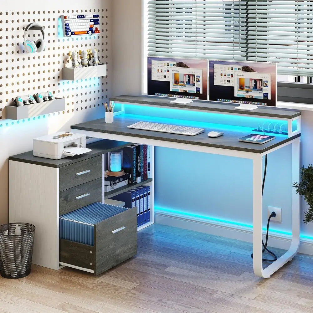 Hign-concerned L-Shaped Gaming Computer Desk With File Drawers