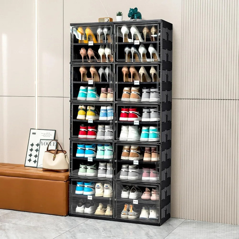 10 Tiers Foldable Shoe Rack Organizer Cabinet for Closet Entryway, Large Collapsible Shoe Storage Box with Magnetic Doors